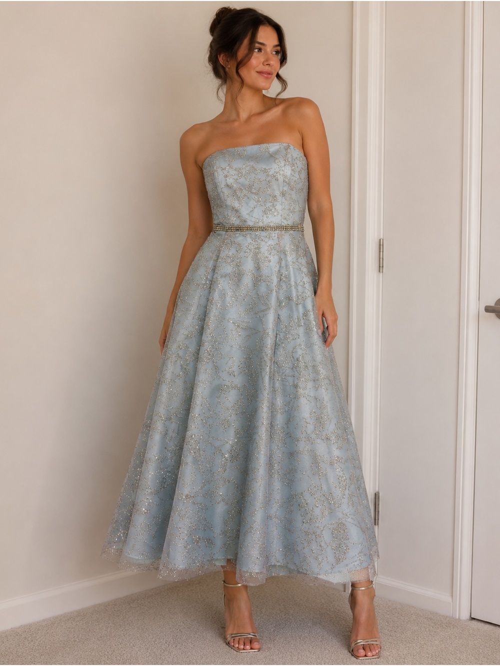NWOT Camille La Vie Strapless Light Blue Silver Glitter A-Line Dress